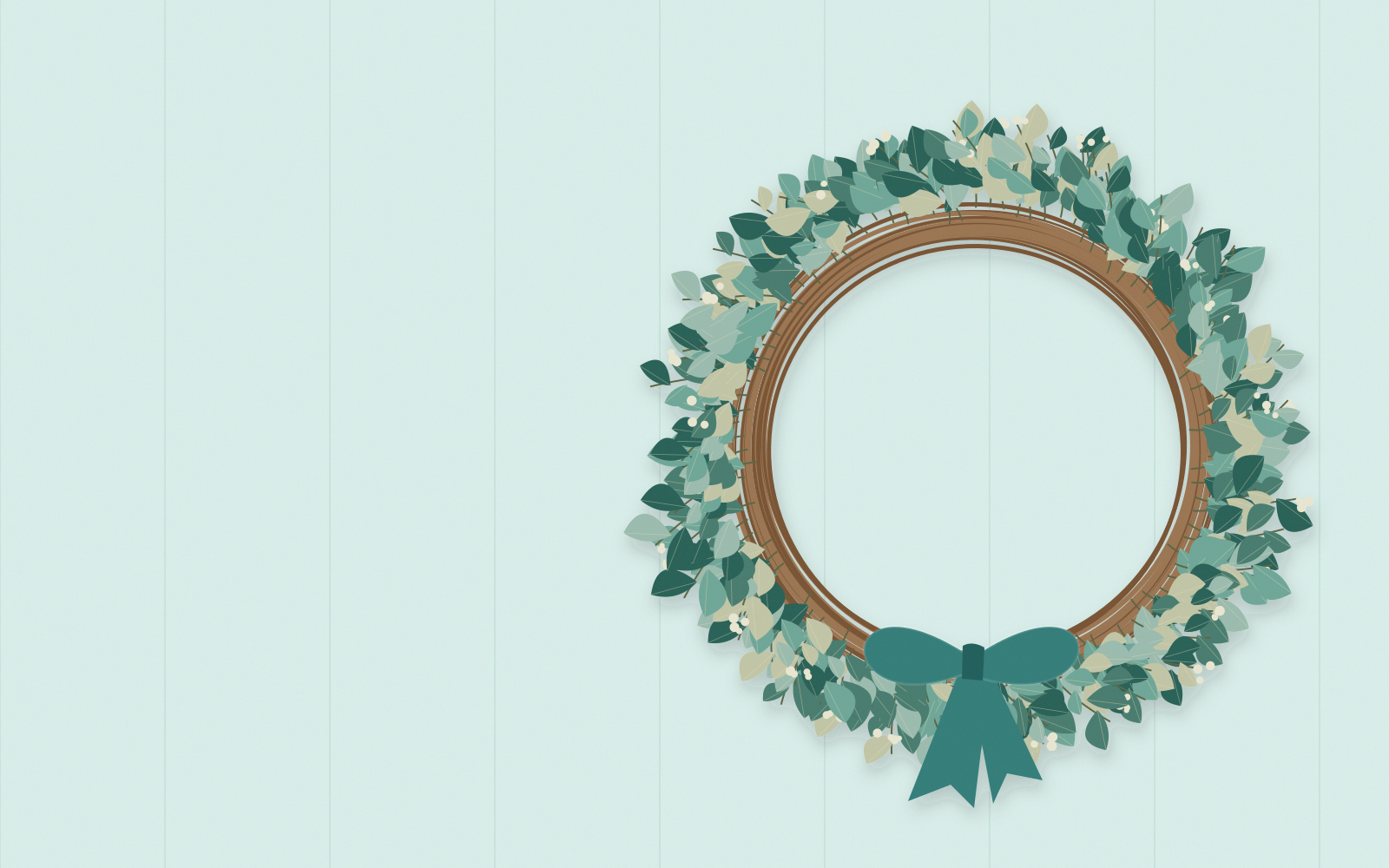 Botanical illustration of a grapevine wreath with eucalyptus-inspired leaves, pale berries, and a turquoise bow